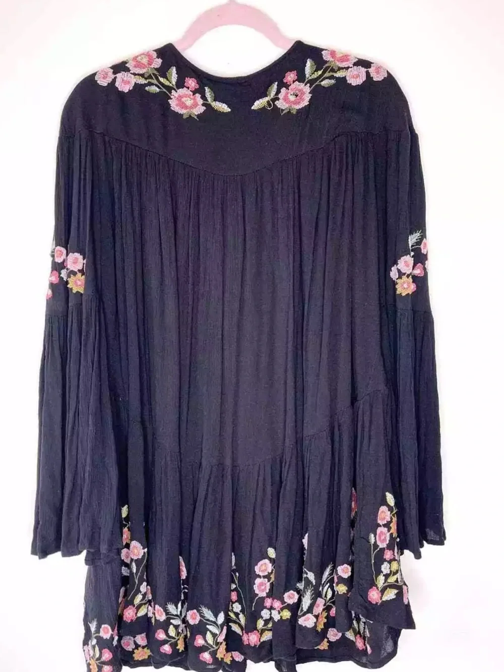 Black Floral FREE PEOPLE Embroidered V-Neck Swing Dress